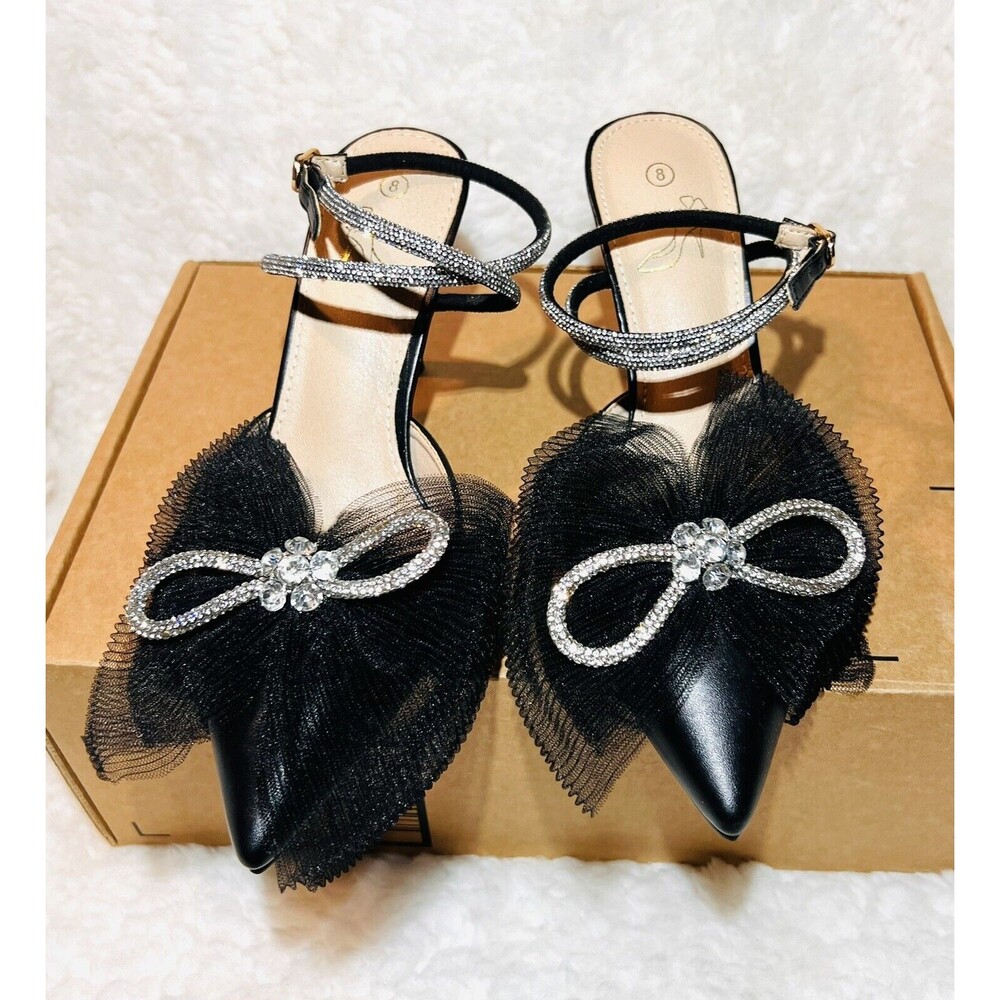 Perphy Women’s Rhinestone Mesh Bow Slingback Stiletto Heel Pumps - Black - 8 - Picture 6 of 8